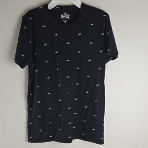 Hollister Navy Blue All Over Seagull Logo T Shirt‎ Womens Size Small